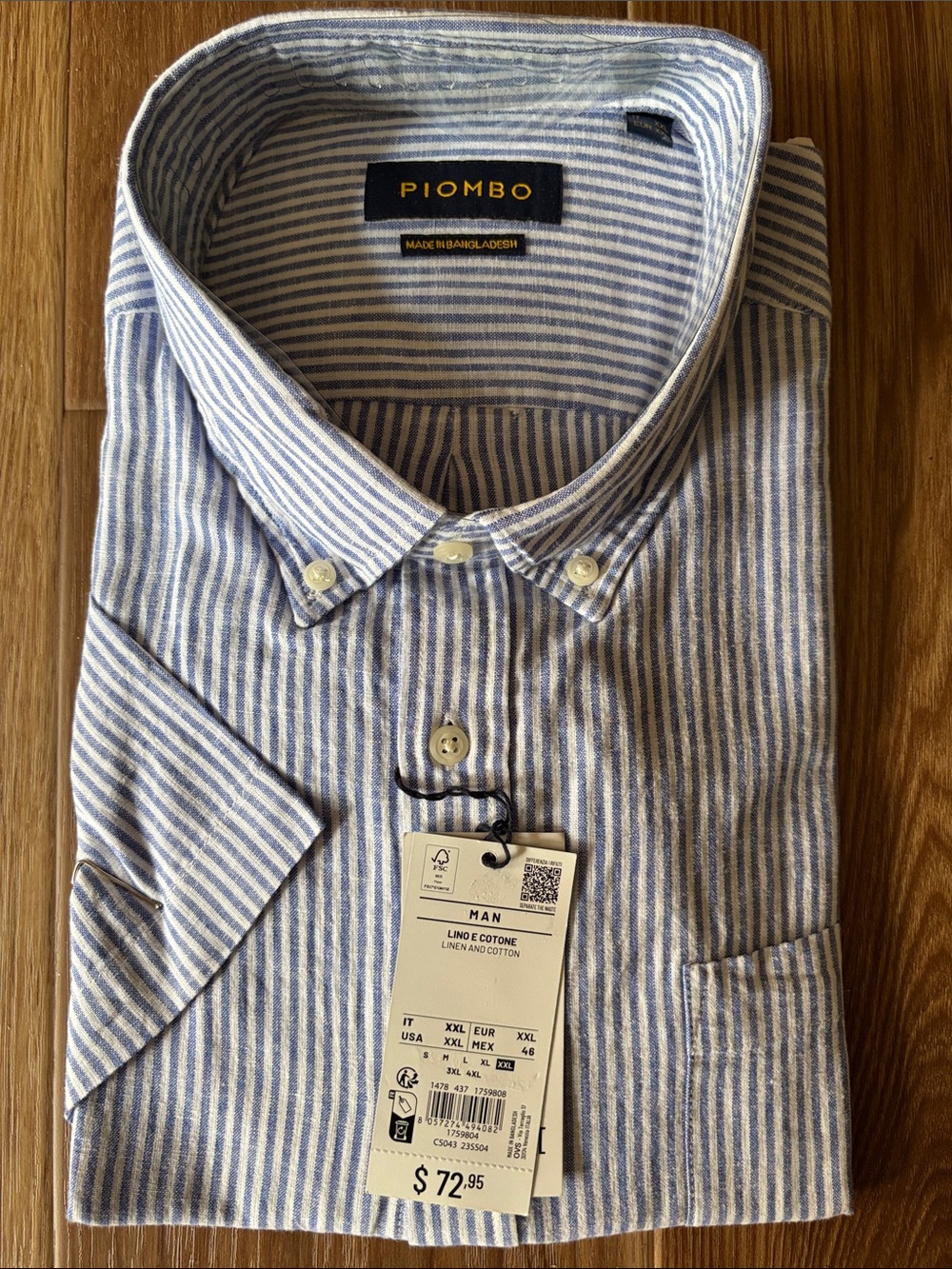 Piombo Italian Designer Navy & White Cotton Linen Striped Button-Down Shirt XXL